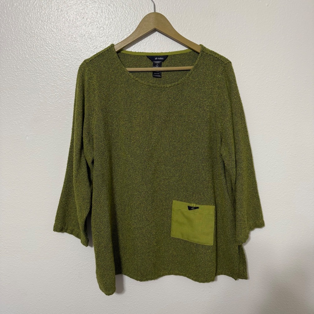 Ali Miles Size 1X Green Knit One Pocket Tunic Top Artsy Colorful Relaxed